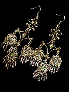 Chandelier 4” Gold Tone Pink Green Glass Bead Dangle Earrings